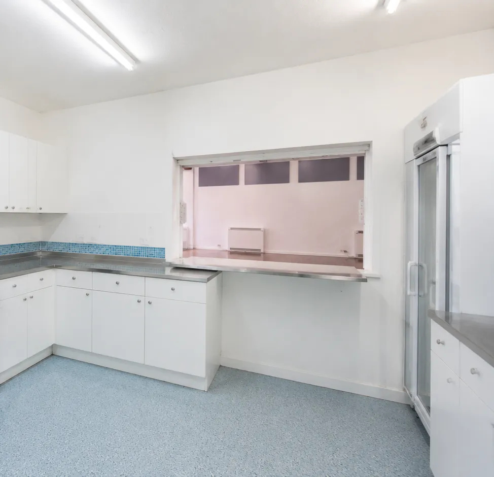 The hall's kitchen, with fitted cupboards, a stainless steel servery counter and fridge