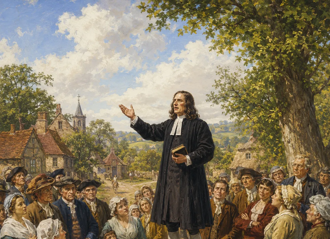 A painting of John Wesley preaching outdoors to a village crowd
