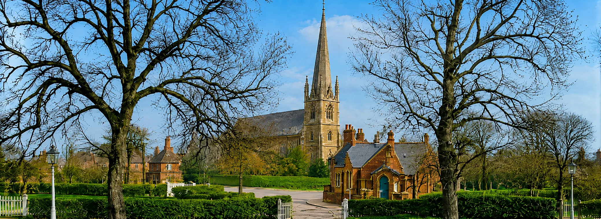 Water Orton Methodist Church and its spire, seen across the churchyard through bare winter trees