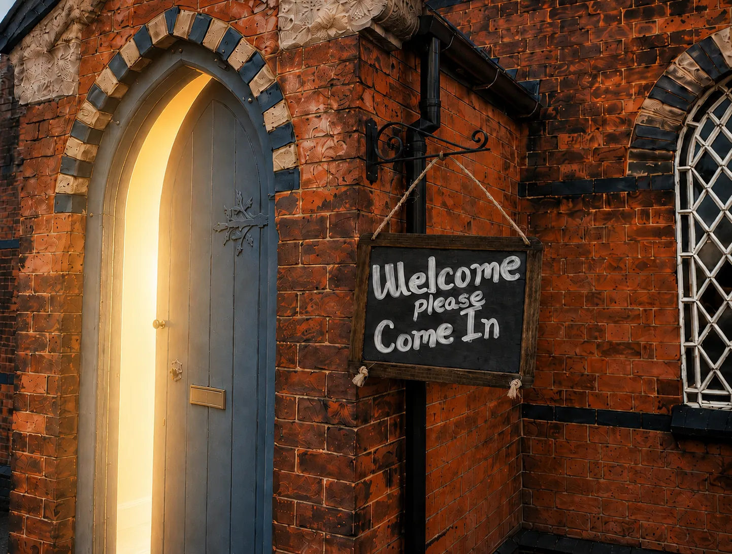 The open blue church door with warm light spilling out, beside a hand-lettered sign reading "Welcome, please Come In"